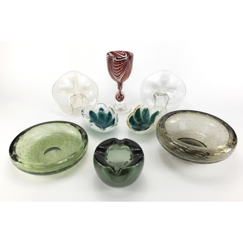 664 - Art glassware including a pair of Orrefors Coquilla dishes, pair of flower head dishes and Whitefrai... 