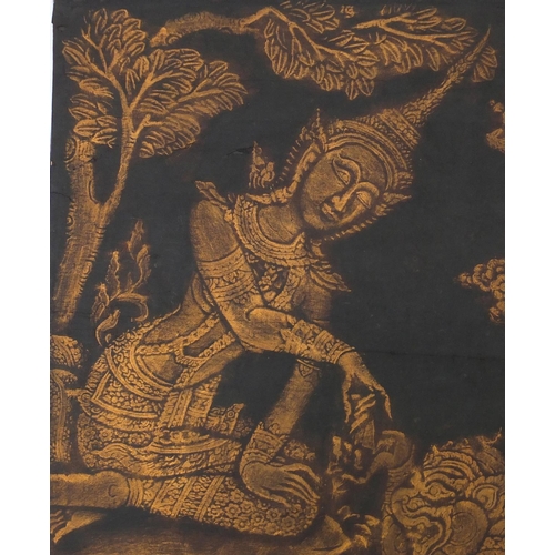 737 - Two Chinese gilt paintings on black paper, Deities and mythical beasts, each 44cm x 43.5cm