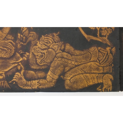 737 - Two Chinese gilt paintings on black paper, Deities and mythical beasts, each 44cm x 43.5cm