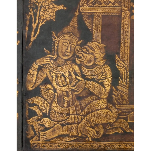 737 - Two Chinese gilt paintings on black paper, Deities and mythical beasts, each 44cm x 43.5cm