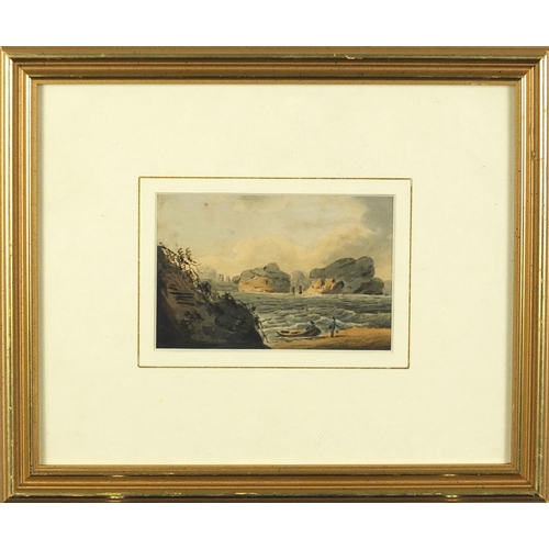 741 - Attributed to William Payne - Seascape with rocks, 19th century watercolour, inscribed verso, mounte... 