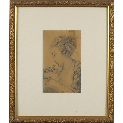 746 - Young female with a bird, pencil on paper, bearing an indistinct signature Bouher? The Alton Gallery... 