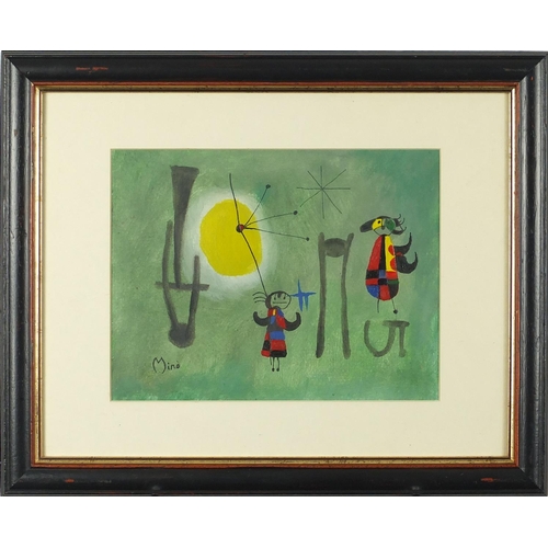 750 - After Joan Miro - Abstract composition with two figures, mixed media, mounted and framed, 24.5cm x 1... 