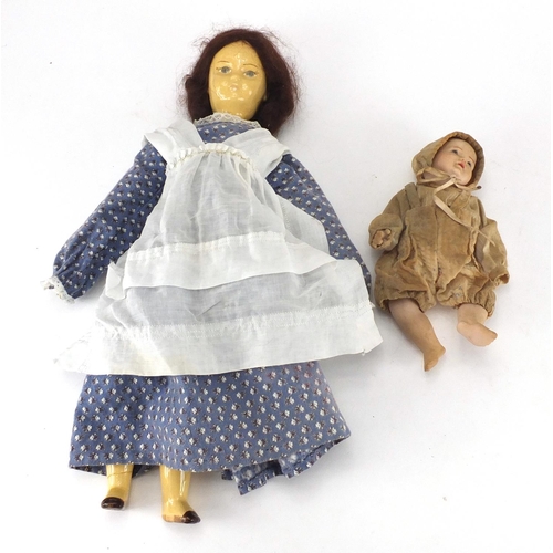 759 - Queen Anne style porcelain doll and a bisque baby, the largest 42cm high