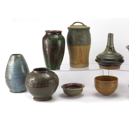 802 - Studio pottery including a Dartington bowl and vases, various marks, the largest 24cm high