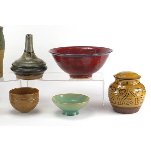 802 - Studio pottery including a Dartington bowl and vases, various marks, the largest 24cm high