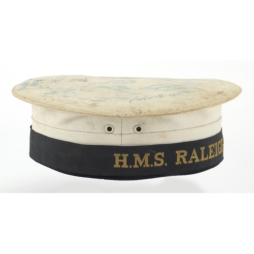 858 - Maritime interest signed cap, with HMS Raleigh ribbon, signed by Frobisher 19 Mess '84, inscribed M ... 