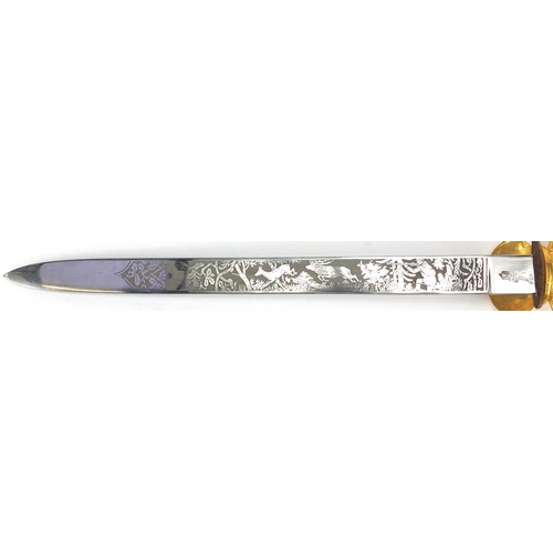 867 - German Military interest Ceremonial hunting knife, the steel blade etched with hunting scenes and im... 