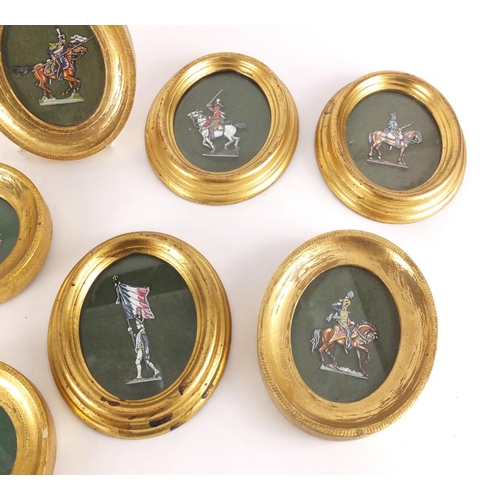 883 - Oval gilt framed miniatures of Infantry on horseback, standing soldiers etc