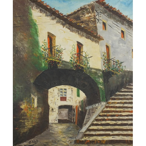 88 - Archway with stairs, continental school, oil onto canvas, bearing a signature Gaby, framed, 63cm x 5... 