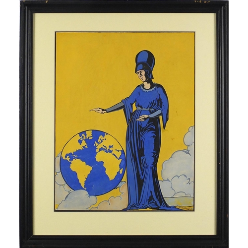 91 - ** WITHDRAWN ** C Rubbo '28 - Figure beside the World and farmer in a field,  two gouaches, both mou... 