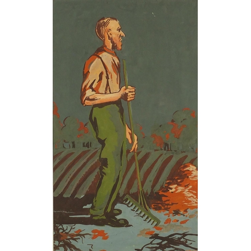 91 - ** WITHDRAWN ** C Rubbo '28 - Figure beside the World and farmer in a field,  two gouaches, both mou... 