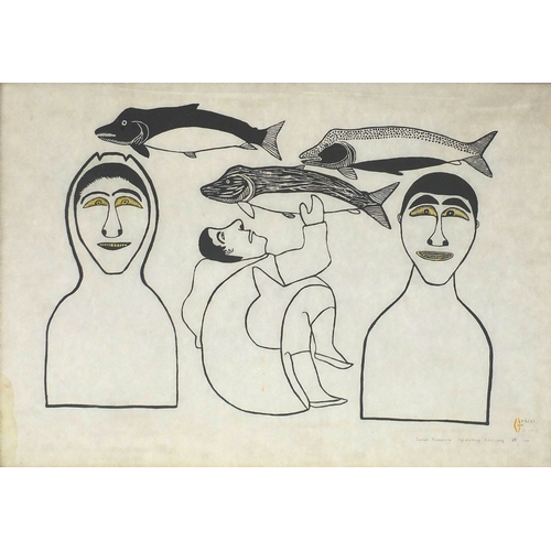 120 - Ugo Yultuq Kalluraq 1975 - Innuh fishermen, pencil signed Inuit linocut, limited edition 22/32, fram... 