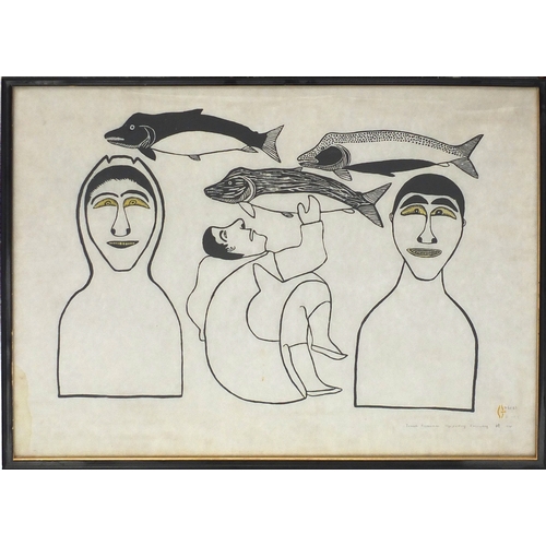 120 - Ugo Yultuq Kalluraq 1975 - Innuh fishermen, pencil signed Inuit linocut, limited edition 22/32, fram... 