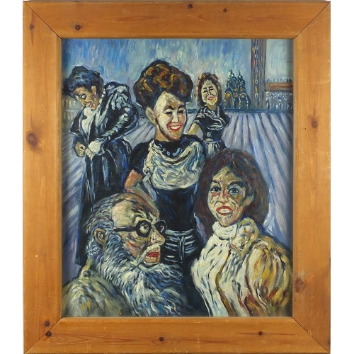 123 - Manner of John Bratby - Five comical figures, oil on board, inscribed verso, framed, 60cm x 51cm