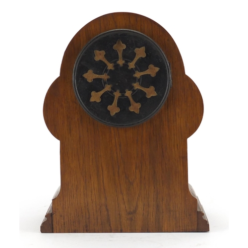 139 - Oak mantel clock, by Japy Freres, with enamelled chapter ring and Mother of Pearl inlay, the movemen... 