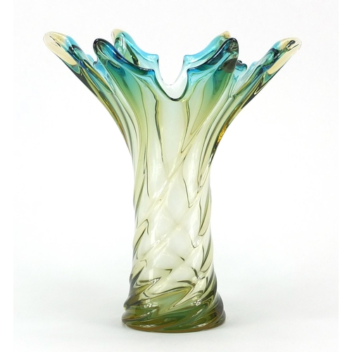 141 - Good quality blue and yellow swirling art glass vase, 27cm high