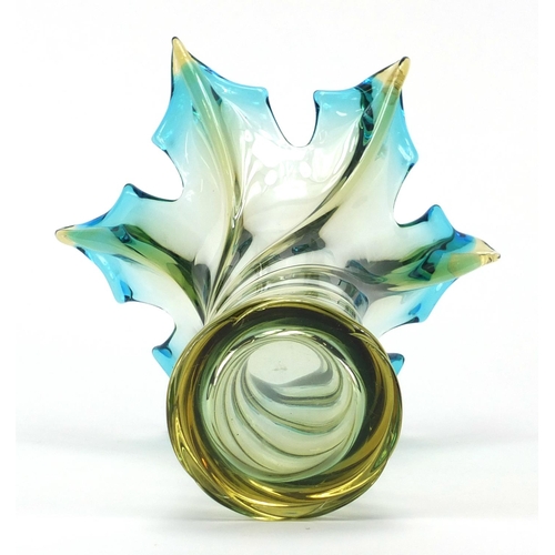 141 - Good quality blue and yellow swirling art glass vase, 27cm high