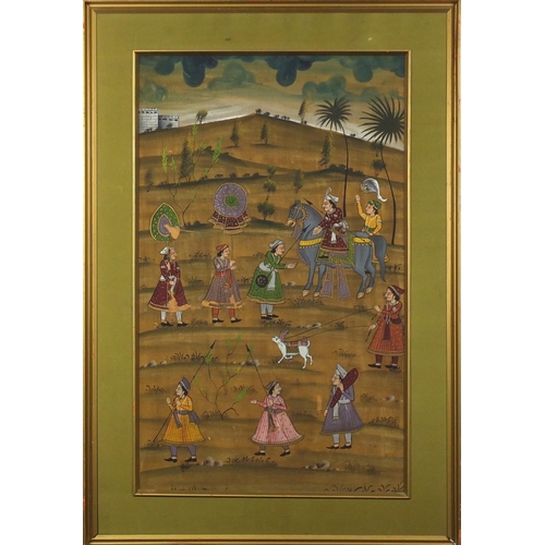 193 - 18th century Indian Mughal watercolour on silk, depicting figures in a desert, inscribed verso, fram... 