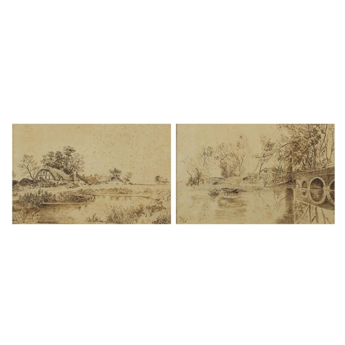 301 - Figures beside a pond and moored boats by a bridge, pair of 19th century pen and wash, each bearing ... 