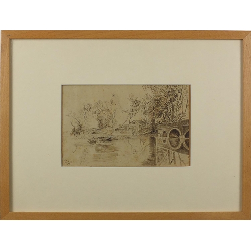 301 - Figures beside a pond and moored boats by a bridge, pair of 19th century pen and wash, each bearing ... 