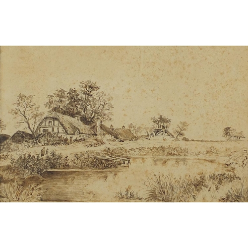 301 - Figures beside a pond and moored boats by a bridge, pair of 19th century pen and wash, each bearing ... 