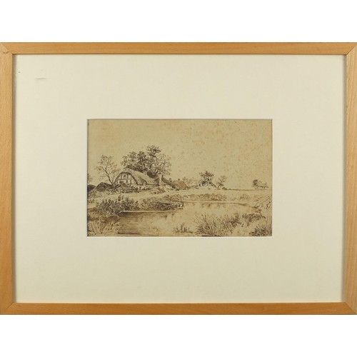 301 - Figures beside a pond and moored boats by a bridge, pair of 19th century pen and wash, each bearing ... 