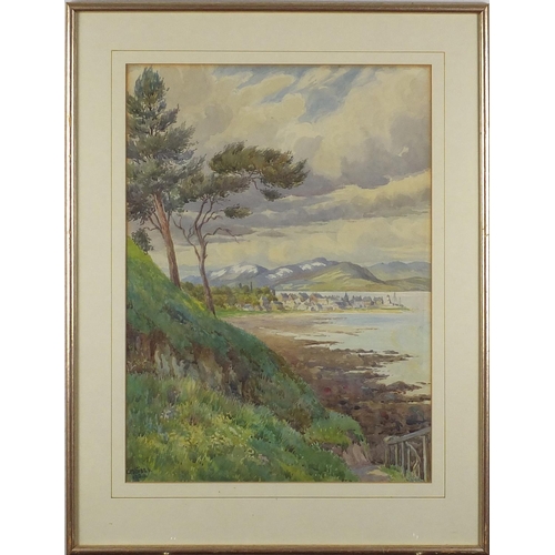 303 - Hilda Mary Sides - Scottish Loch, coastal scene, watercolour, label verso, mounted and framed, 43cm ... 