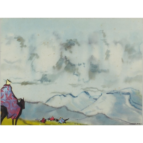 307 - Richard Cheales - Basutho horsemen in a stormy landscape, mixed media onto board, label verso, mount... 