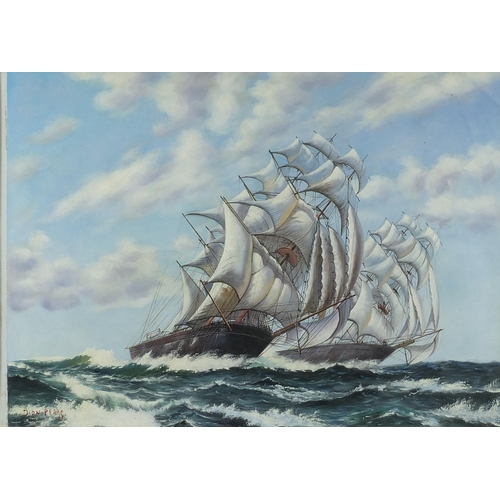 308 - Rigged sailing ships on choppy seas, oil onto canvas board, bearing a signature Dion Pears, mounted ... 