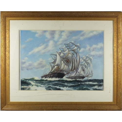 308 - Rigged sailing ships on choppy seas, oil onto canvas board, bearing a signature Dion Pears, mounted ... 