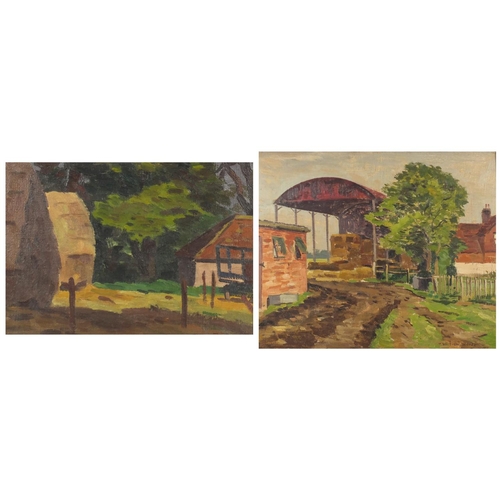 310 - ** WITHDRAWN FROM SALE ** William Warden RA - Corner on the farm and barn with hay, two oils, one on... 