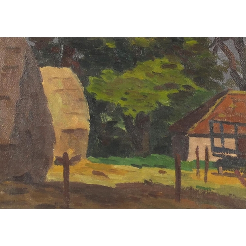 310 - ** WITHDRAWN FROM SALE ** William Warden RA - Corner on the farm and barn with hay, two oils, one on... 