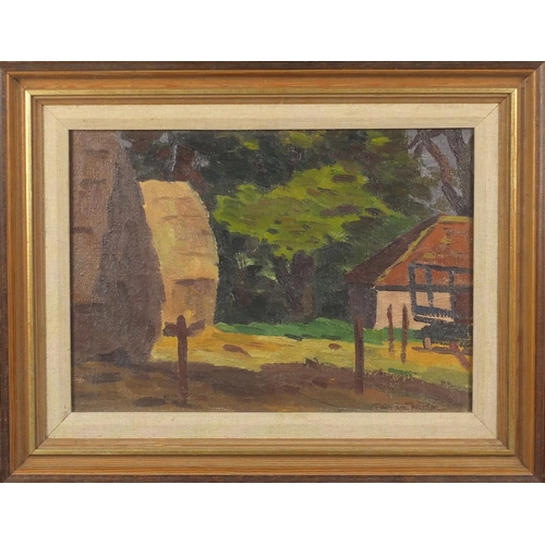 310 - ** WITHDRAWN FROM SALE ** William Warden RA - Corner on the farm and barn with hay, two oils, one on... 