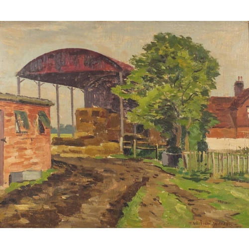 310 - ** WITHDRAWN FROM SALE ** William Warden RA - Corner on the farm and barn with hay, two oils, one on... 