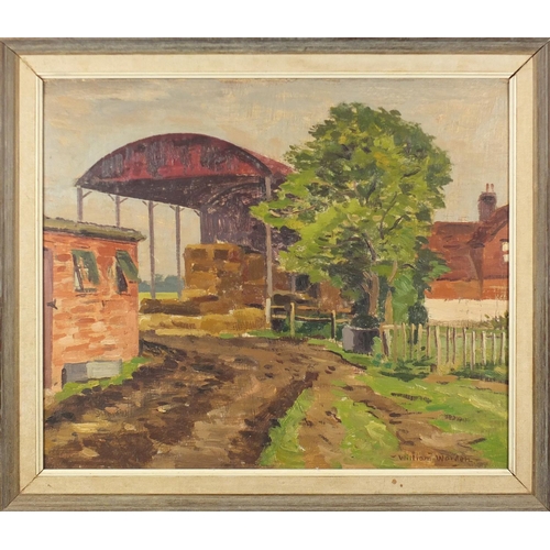 310 - ** WITHDRAWN FROM SALE ** William Warden RA - Corner on the farm and barn with hay, two oils, one on... 