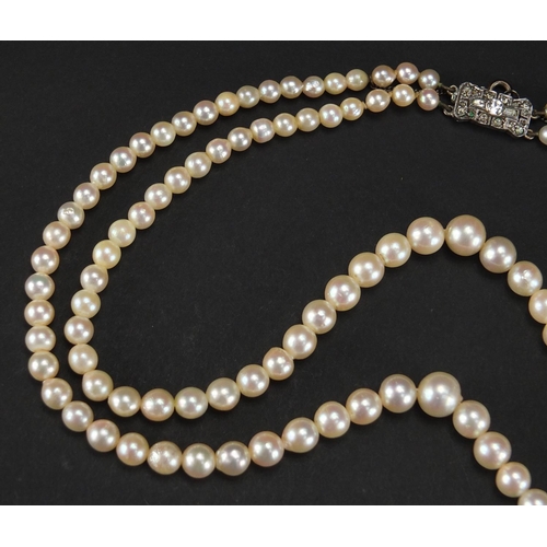 355 - Two string cultured pearl necklace, with unmarked silver clasp, housed in a S. L. Simmons tooled lea... 