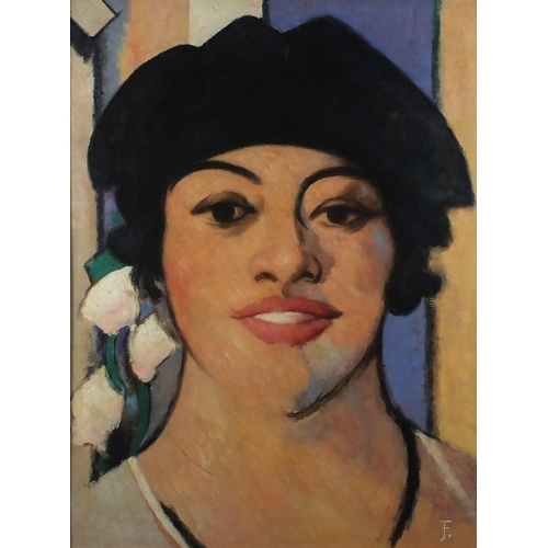 387 - After John Duncan Fergusson - Portrait of a female, oil on board, inscribed verso, framed, 100cm x 7... 