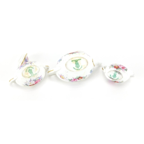 393 - Miniature Royal Crown Derby three piece tea set, the teapot 7.5cm in length