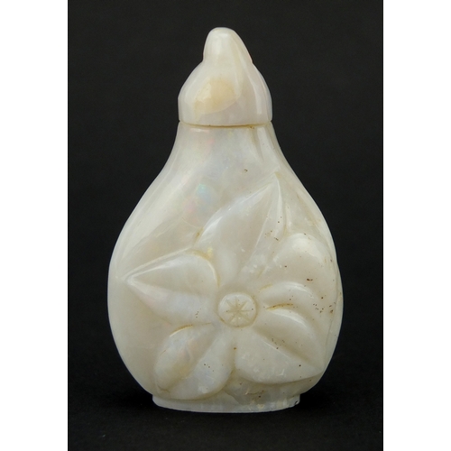 395 - Chinese opal snuff bottle, carved with a flower head, 5cm high