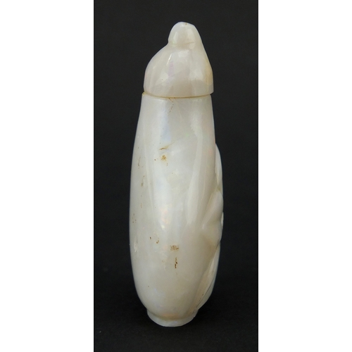 395 - Chinese opal snuff bottle, carved with a flower head, 5cm high