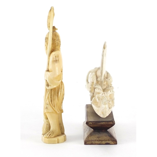 408 - Japanese carved ivory Okimono of fishermen, together with a carving of figures in a dragon boat on h... 