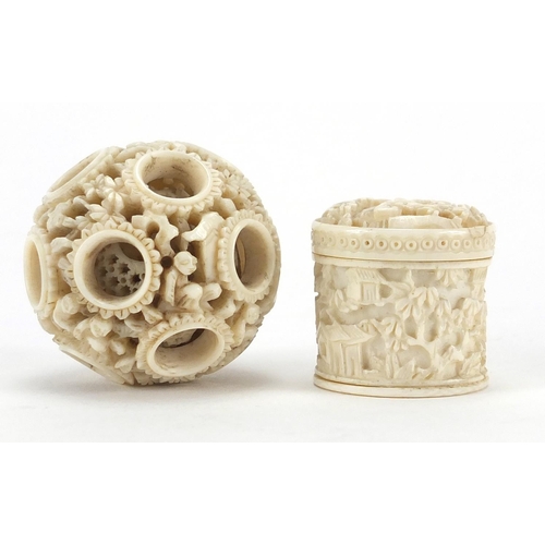 409 - Chinese Canton ivory puzzle ball and cylindrical pot, each carved with figures, the largest 4.5cm in... 