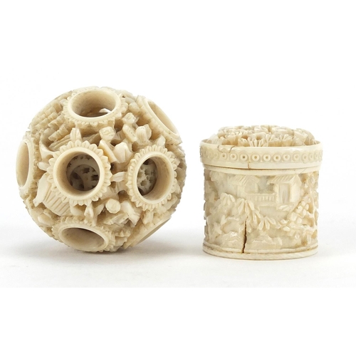 409 - Chinese Canton ivory puzzle ball and cylindrical pot, each carved with figures, the largest 4.5cm in... 