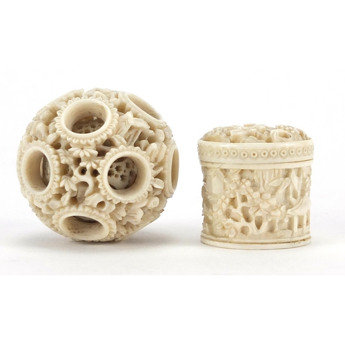 409 - Chinese Canton ivory puzzle ball and cylindrical pot, each carved with figures, the largest 4.5cm in... 