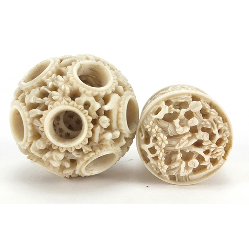 409 - Chinese Canton ivory puzzle ball and cylindrical pot, each carved with figures, the largest 4.5cm in... 