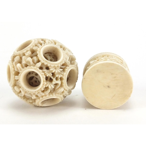 409 - Chinese Canton ivory puzzle ball and cylindrical pot, each carved with figures, the largest 4.5cm in... 