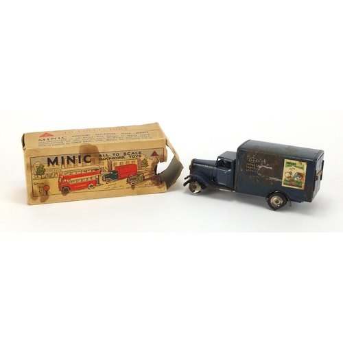 410 - Tri-ang Minic tinplate clock work delivery van, with box