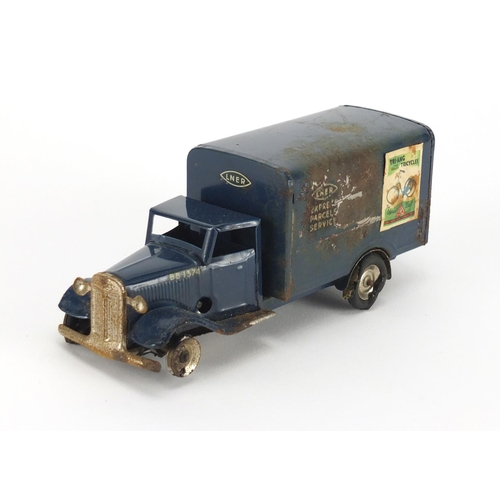 410 - Tri-ang Minic tinplate clock work delivery van, with box