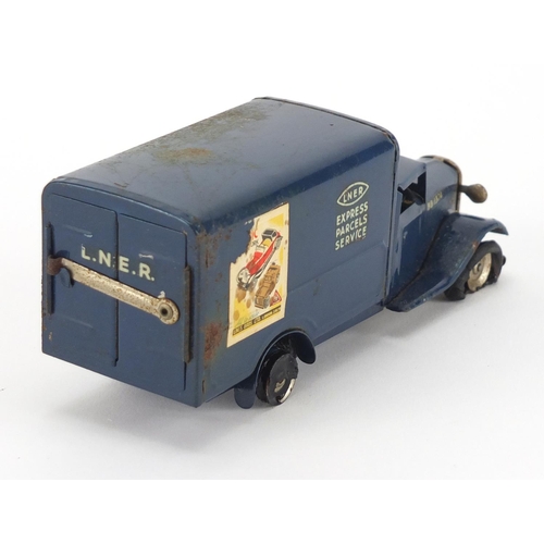 410 - Tri-ang Minic tinplate clock work delivery van, with box